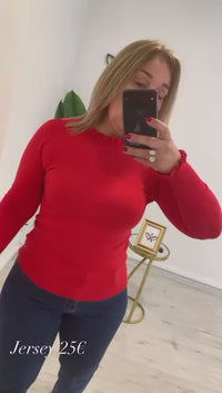 Jersey de punto cuello redondo con volantes discreto en rojo