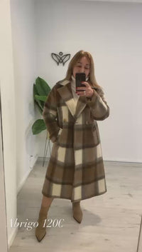 Abrigo lana cuadros largo midi con solapas forrado y bolsillos en marrón y beis