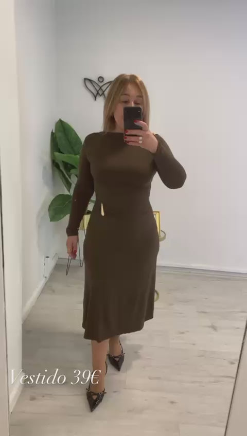 Vestido largo midi de licra manga larga marrón chocolate